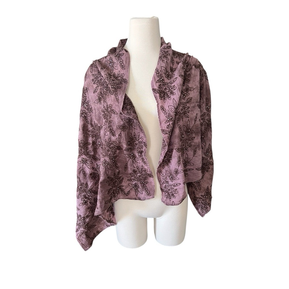 Tommy Bahama Vintage Pink Mauve Beaded Scarf Beach Cover Up Floral Embroidered